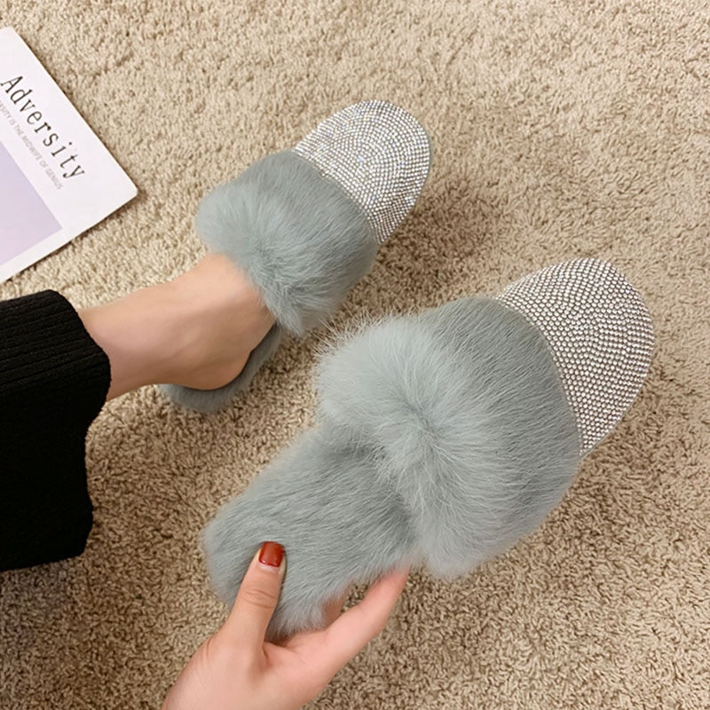 Big Size Women Slippers Ladies House Luxury 2022 Rhinestone Rabbit Fur Crystal Winter Home Female Outdoor Mules Flats Shoes