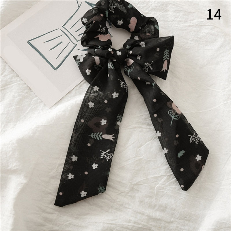 2022 Bohemian Polka Dot Floral Printed Bow Hair Scrunchies  Women Elastic Hair Band Ponytail Scarf Ribbon Hair Ties Accesories