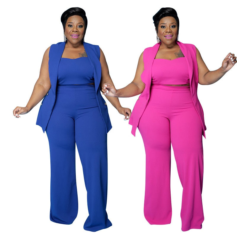 4XL Plus Size Women Sets Long Jacket Tops With Tank Pants 3 Piece Outfits Fashion New Solid Oversize Office Lady Pant Suits 2021