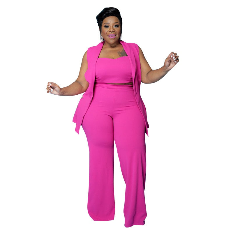 4XL Plus Size Women Sets Long Jacket Tops With Tank Pants 3 Piece Outfits Fashion New Solid Oversize Office Lady Pant Suits 2021