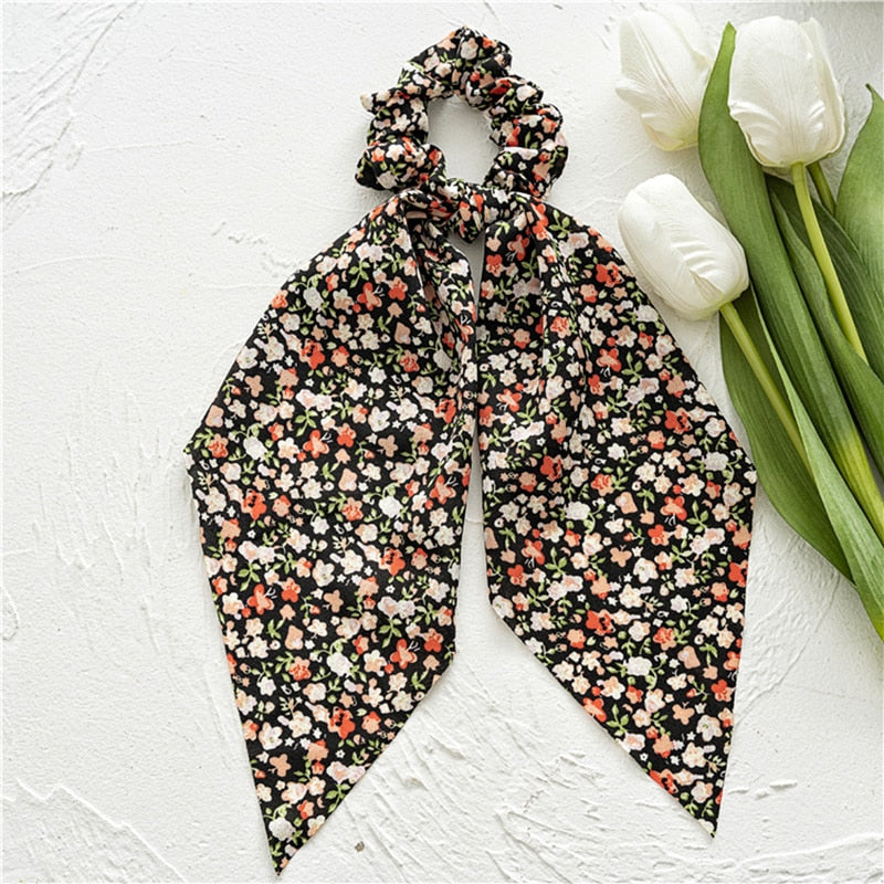 2022 Bohemian Polka Dot Floral Printed Bow Hair Scrunchies  Women Elastic Hair Band Ponytail Scarf Ribbon Hair Ties Accesories