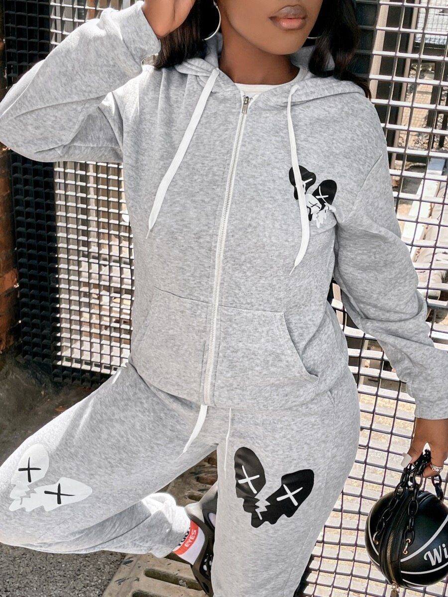 LW Plus Size Sweatshirt Suits COTTON 2PC Autumn 2022 Broken Heart Zipper Up Drawstring Tracksuit Hoodie Jackets+ Pants Suits