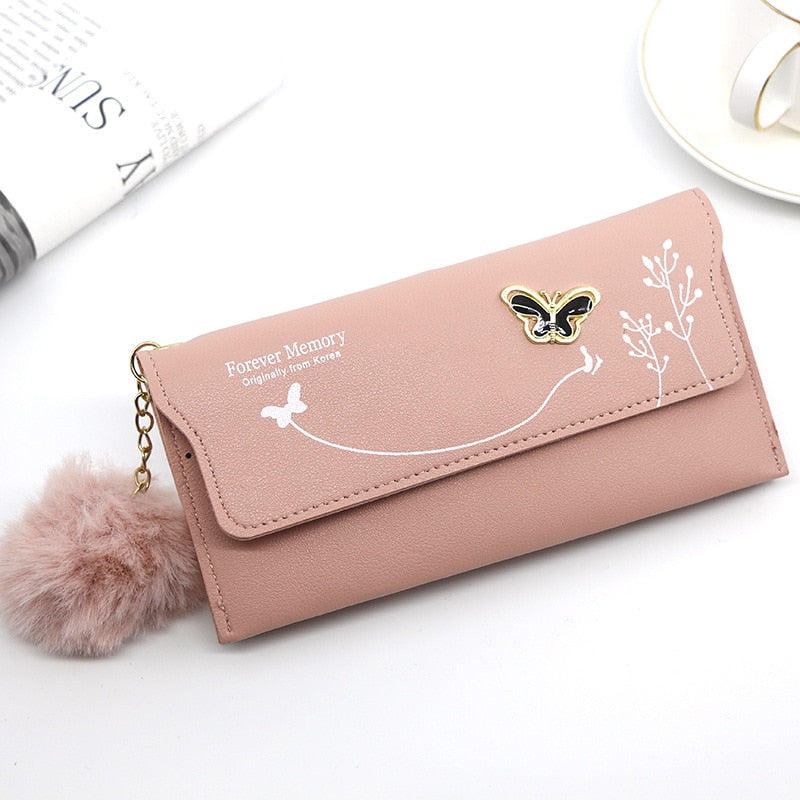 New Fashionable Women Long Wallets Pure Color Wool Ball Bow Clutch Bag Card Bag Coin Purse Standard Wallets PU Solid Polyester