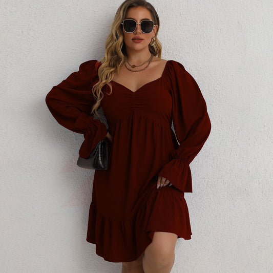 Plus Size Dresses Casual V Neckline Long Sleeve Solid Slim Midi Burgundy Dress Oversized High Waist Party for Women