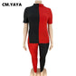 CM.YAYA Women Plus Size Tracksuit Patchwork Short Sleeve O-neck Splited Tops Stretchy Pencil Pants Two 2 Piece Set Outfit Summer