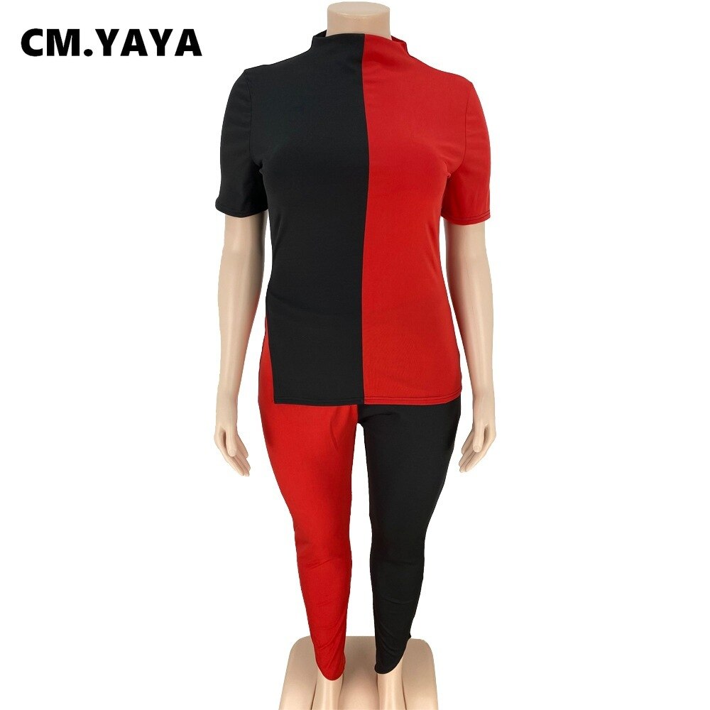 CM.YAYA Women Plus Size Tracksuit Patchwork Short Sleeve O-neck Splited Tops Stretchy Pencil Pants Two 2 Piece Set Outfit Summer