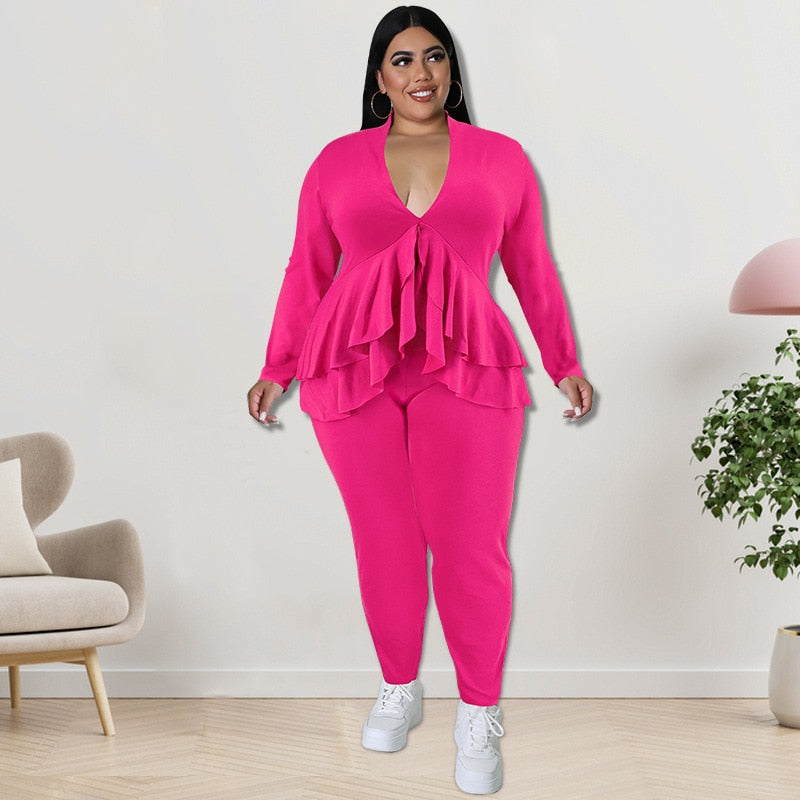 Perl Plus Size Women V Neck Ruffles Hem Top Leggings Sets Fall Two Piece Sets Female Outfit Solid Stretch Tracksuit  Xl-5xl 2022