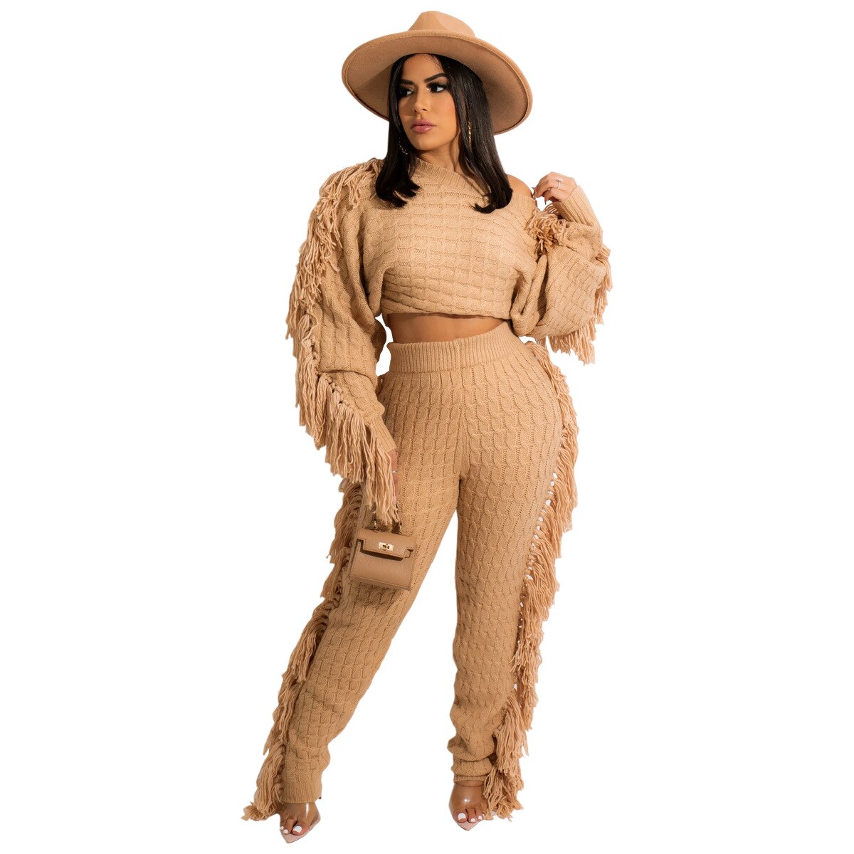 Echoine Solid Tassel Fringe Patchwork Short Sweater Top Knitted Two piece Set Pants Set Warm Thick Outfits Women Winter Clothing