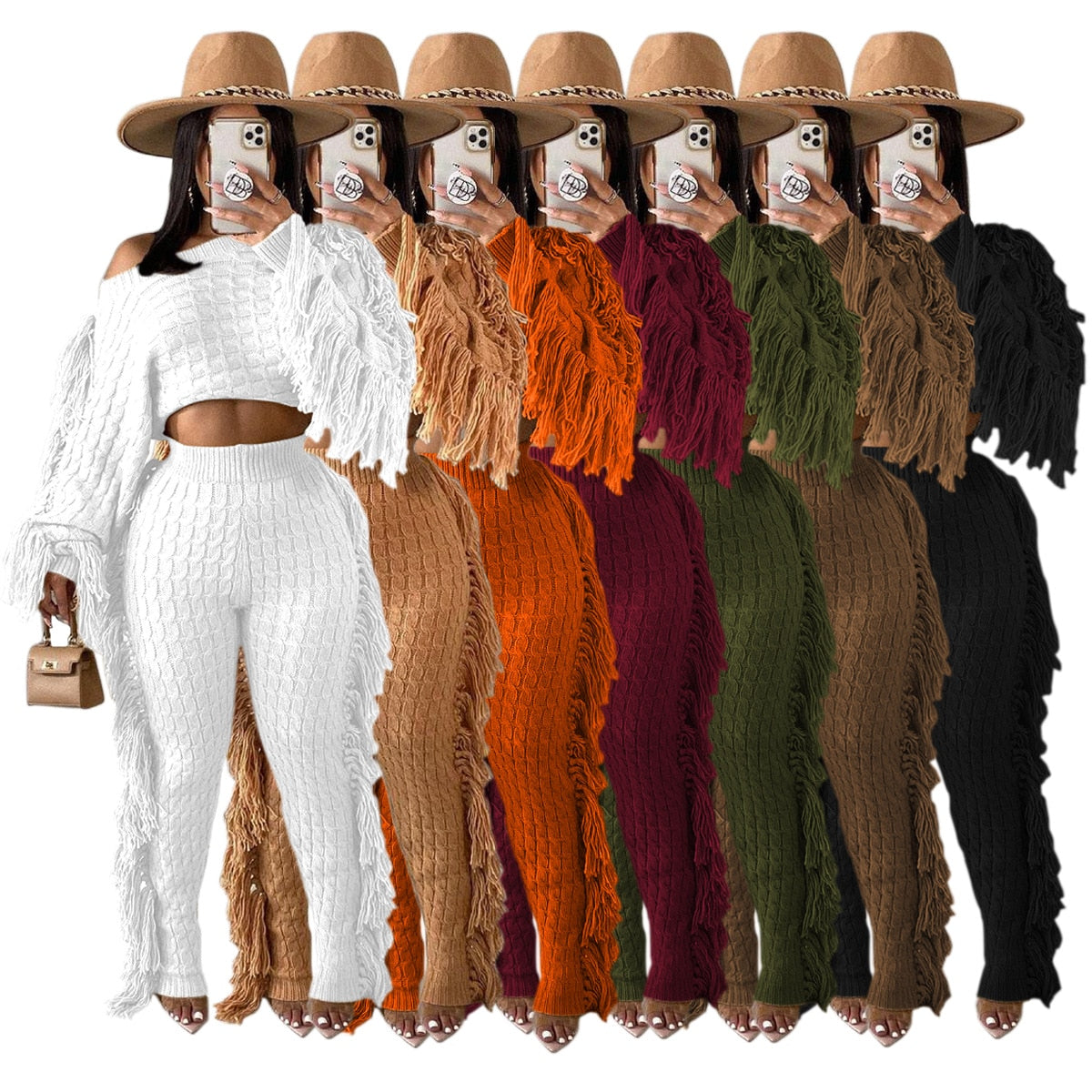 Echoine Solid Tassel Fringe Patchwork Short Sweater Top Knitted Two piece Set Pants Set Warm Thick Outfits Women Winter Clothing