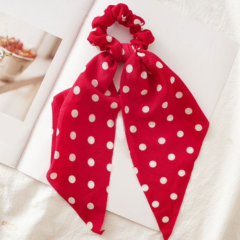 2022 Bohemian Polka Dot Floral Printed Bow Hair Scrunchies  Women Elastic Hair Band Ponytail Scarf Ribbon Hair Ties Accesories