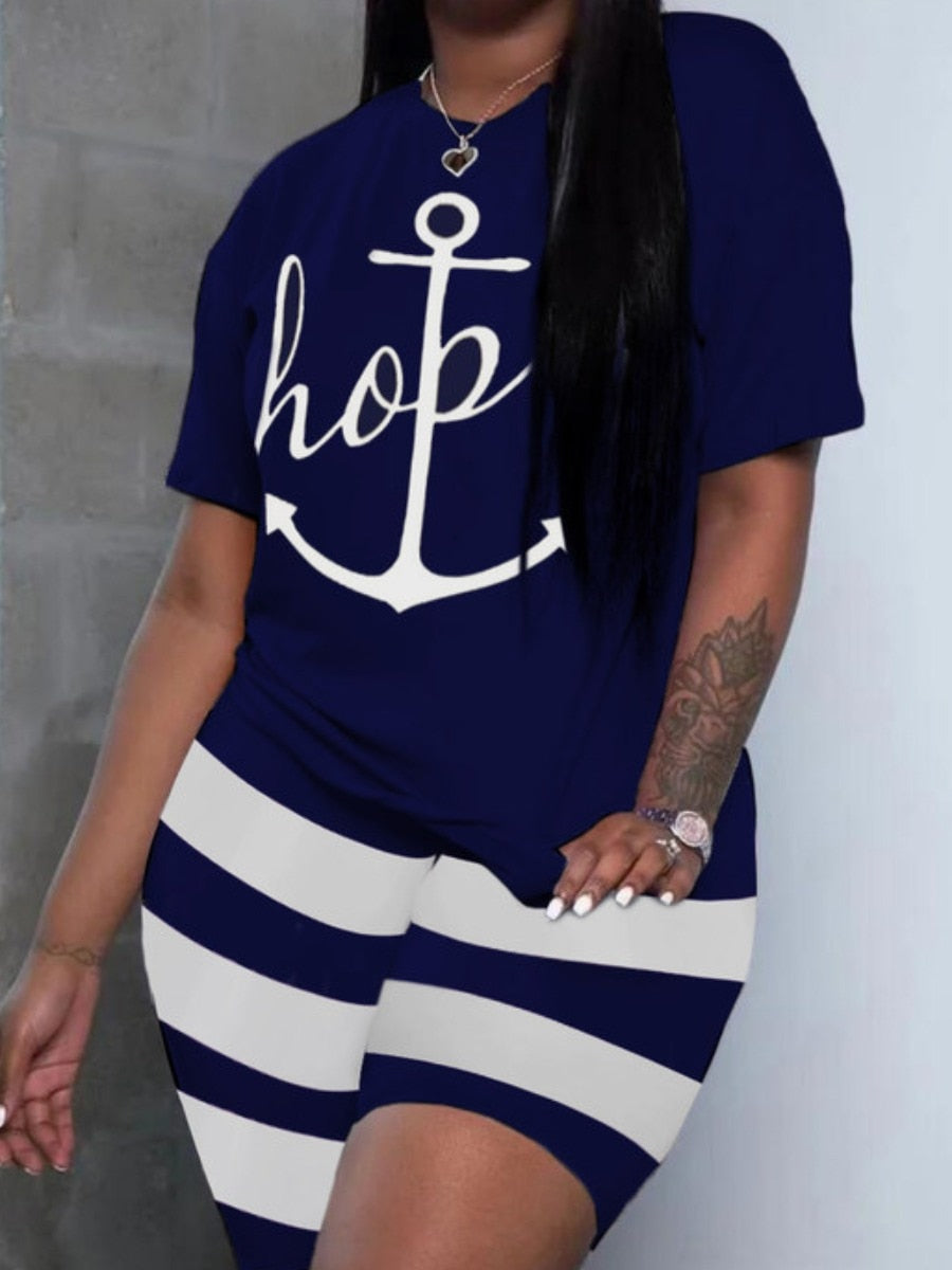 LW Plus Size Two Piece Women Clothes   Casual Hope Letter Print O-neck Tees+ Sporty Stretch Striped Shorts Set