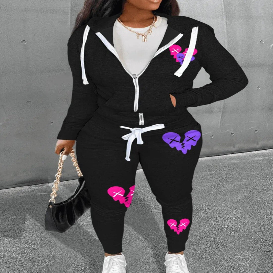 LW Plus Size Sweatshirt Suits COTTON 2PC Autumn 2022 Broken Heart Zipper Up Drawstring Tracksuit Hoodie Jackets+ Pants Suits