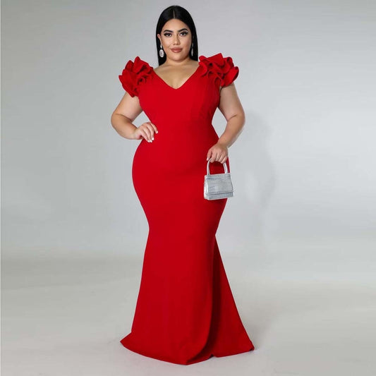 Plus Size Evening Dress Elegant Lady Ruffle Red Black Sexy Backless Large Sizes Women Party Formal Maxi Long Dresses Summer 2022