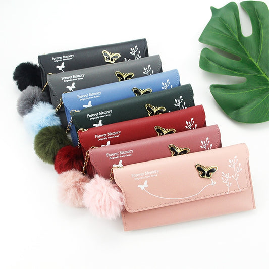 New Fashionable Women Long Wallets Pure Color Wool Ball Bow Clutch Bag Card Bag Coin Purse Standard Wallets PU Solid Polyester