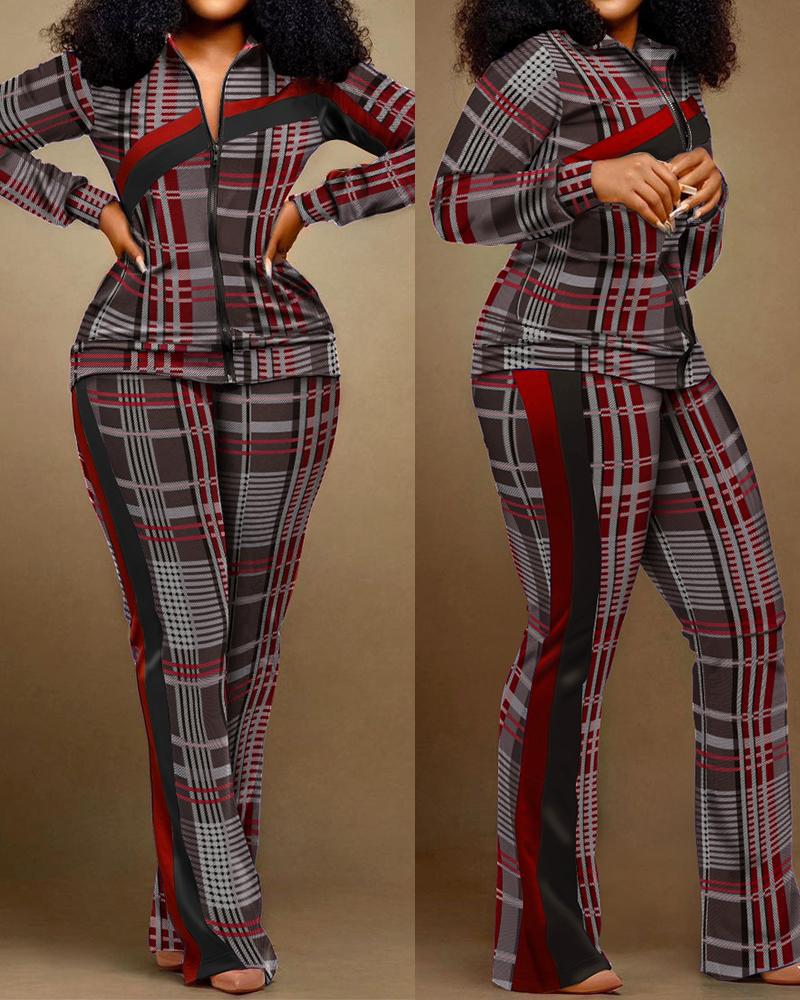 Winter Leisure Sports Style Patchwork Printing Jacket Trousers Two-Piece Women