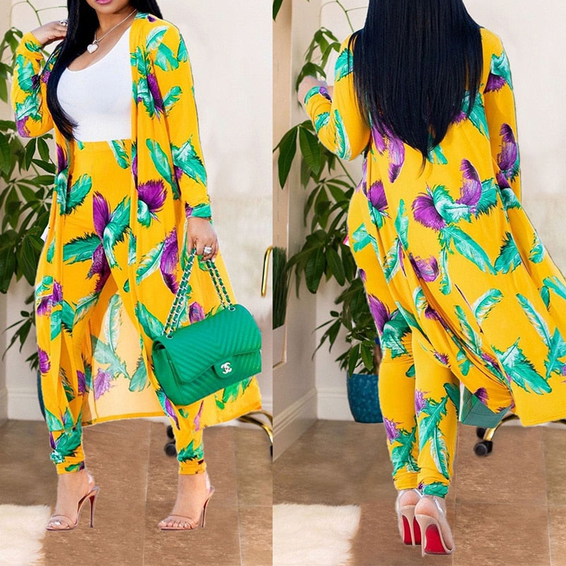 Print Longline Cardigan Coat &amp; Pant Sets Women 2 Piece Set