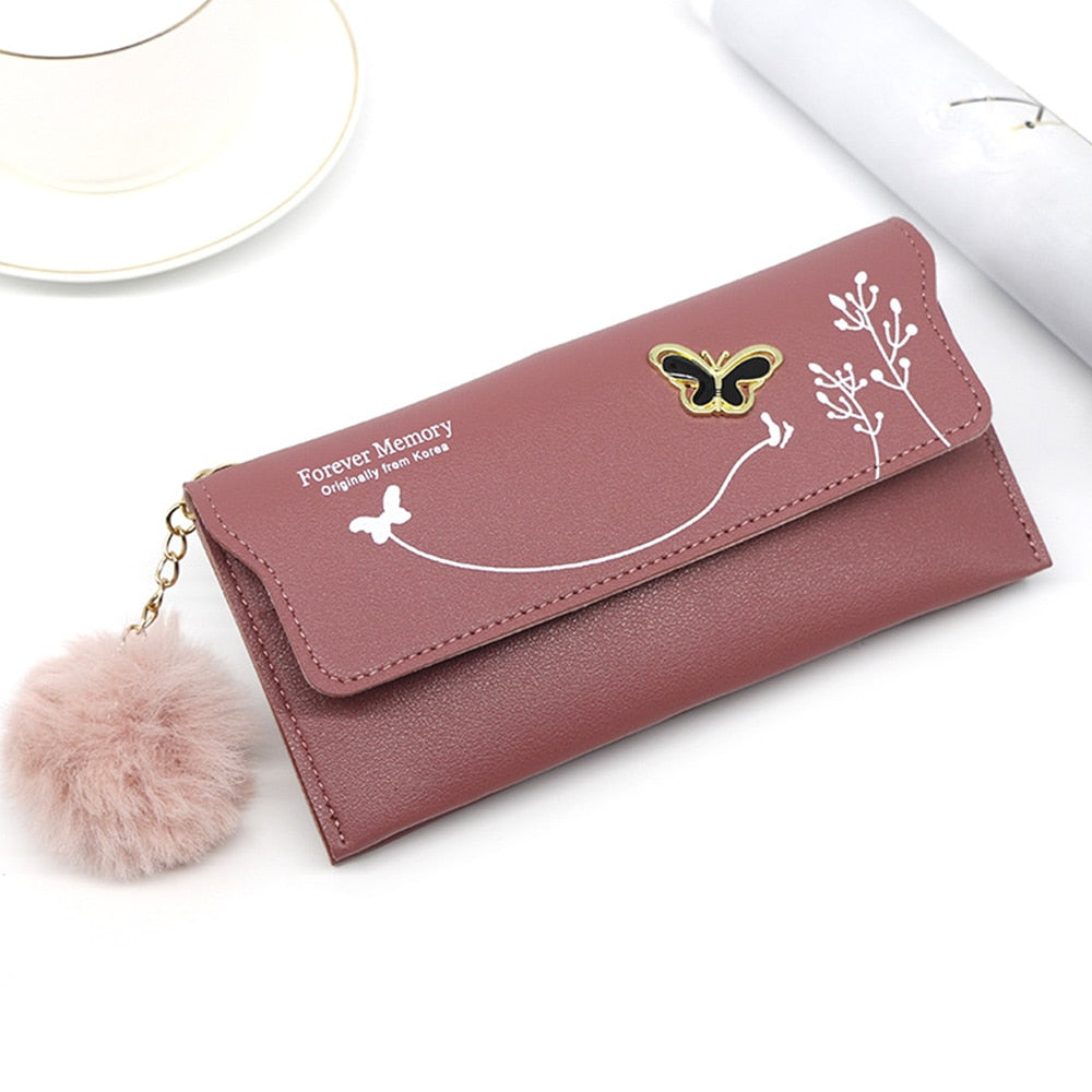 New Fashionable Women Long Wallets Pure Color Wool Ball Bow Clutch Bag Card Bag Coin Purse Standard Wallets PU Solid Polyester