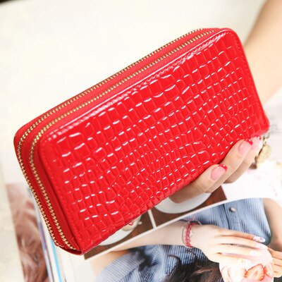 Femalelong Purse Fashion Bright Lacquered Coin Handbag Solid Color Double Zipper Larger Capacity Card Stone Pattern Long Wallet