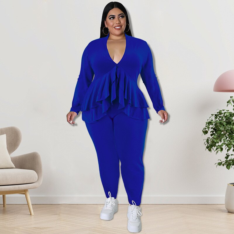 Perl Plus Size Women V Neck Ruffles Hem Top Leggings Sets Fall Two Piece Sets Female Outfit Solid Stretch Tracksuit  Xl-5xl 2022