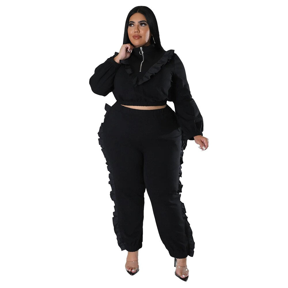 Fashion Plus Size Two-piece Sets Autumn Winter Women Zipper Collar Short Blouse Pleated Pants Suit Casual Solid Color Outfits