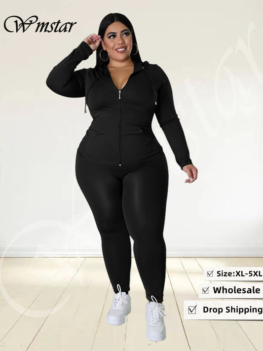 Wmstar Plus Size Two Piece Outfits Women Hoodies Sweatsuit Leggings Pants Sets Solid Stretch Matching Wholesale Dropshipping New