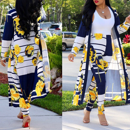 Print Longline Cardigan Coat &amp; Pant Sets Women 2 Piece Set