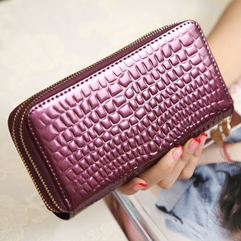 Femalelong Purse Fashion Bright Lacquered Coin Handbag Solid Color Double Zipper Larger Capacity Card Stone Pattern Long Wallet