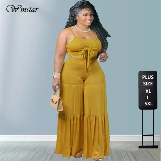 Plus Size Sets Two Piece Women Clothing Solid Tank Top Bandage Casual Wide Leg Pants Fashion Tracksuit Wholesale Dropshipping