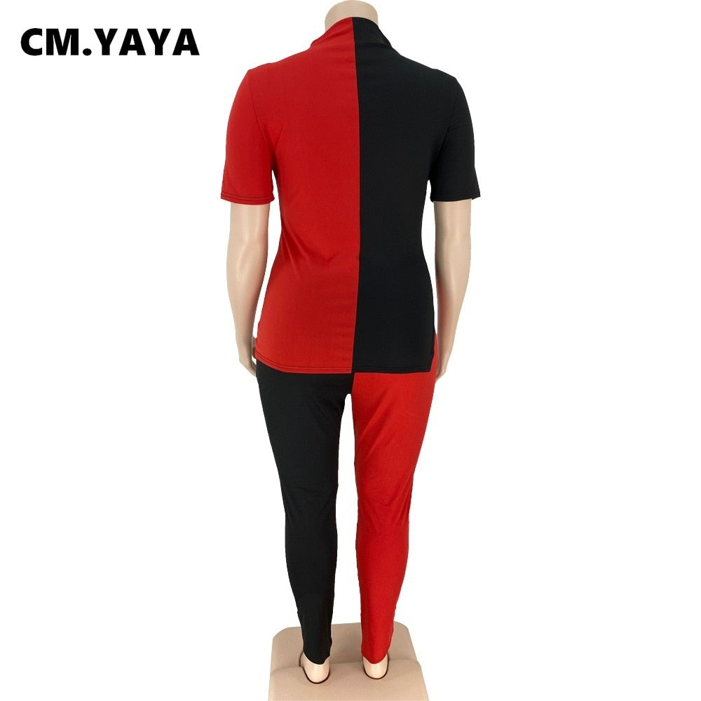 CM.YAYA Women Plus Size Tracksuit Patchwork Short Sleeve O-neck Splited Tops Stretchy Pencil Pants Two 2 Piece Set Outfit Summer