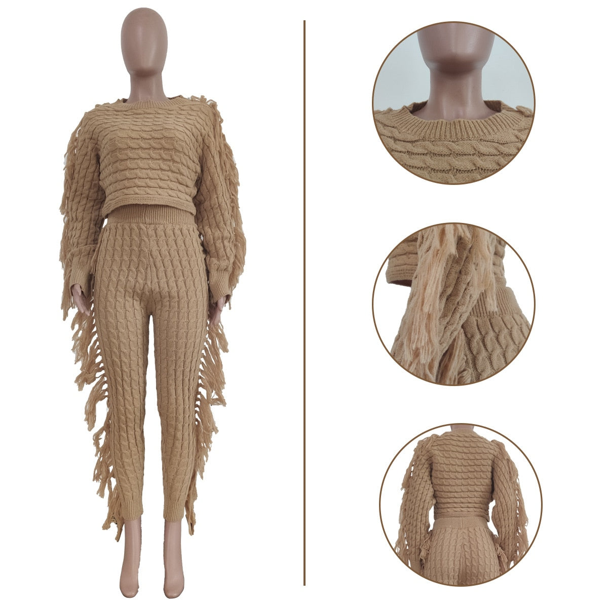 Echoine Solid Tassel Fringe Patchwork Short Sweater Top Knitted Two piece Set Pants Set Warm Thick Outfits Women Winter Clothing