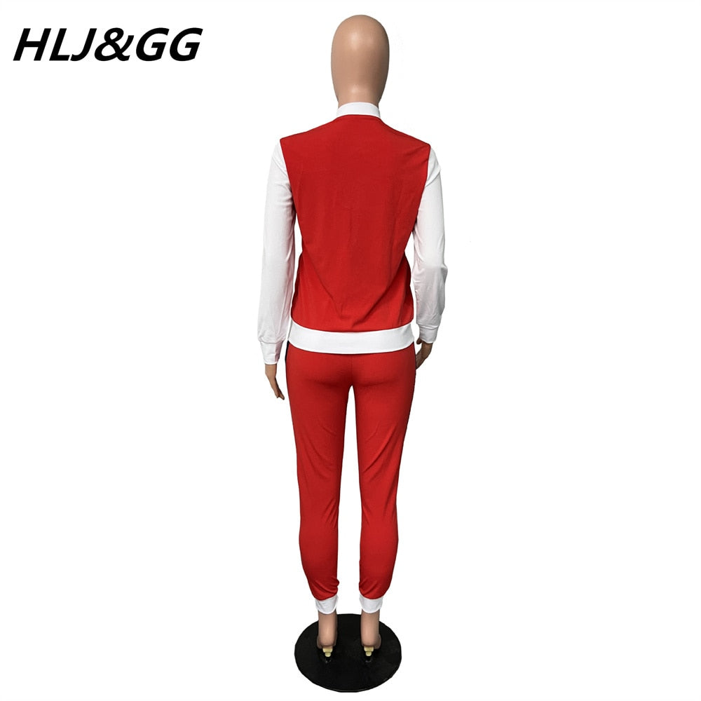 HLJ&amp;GG Casual Sporty Two Piece Sets Women Zipper Long Sleeve Top + Jogger Pants Tracksuits Spring PINK Letter Print 2pcs Outfits