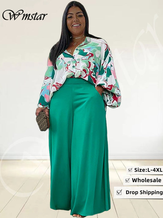 Wmstar Plus Size Two Piece Set Women 2022 Print Shirts Tops and Pants Pockets Wide Leg Fall Fashion Matching Suit Dropshipping