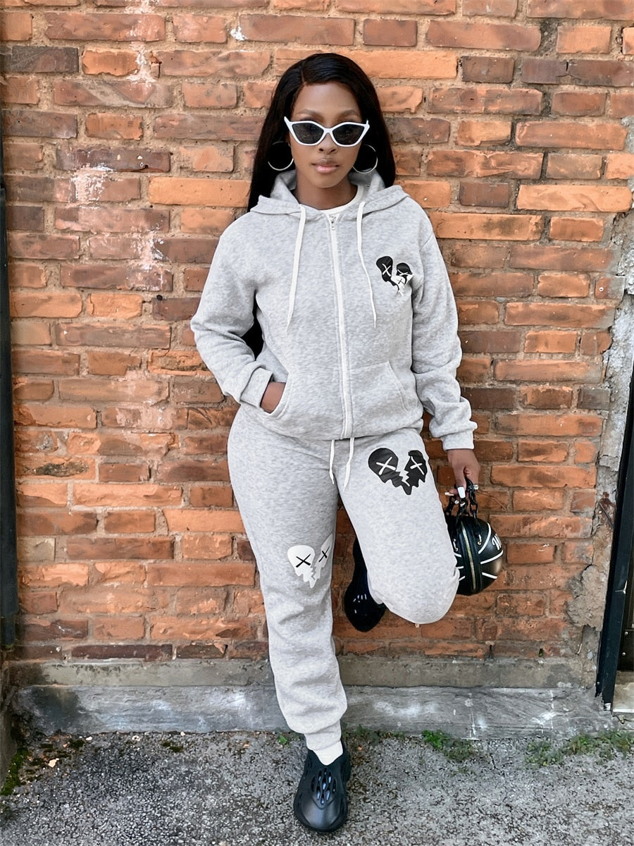 LW Plus Size Sweatshirt Suits COTTON 2PC Autumn 2022 Broken Heart Zipper Up Drawstring Tracksuit Hoodie Jackets+ Pants Suits