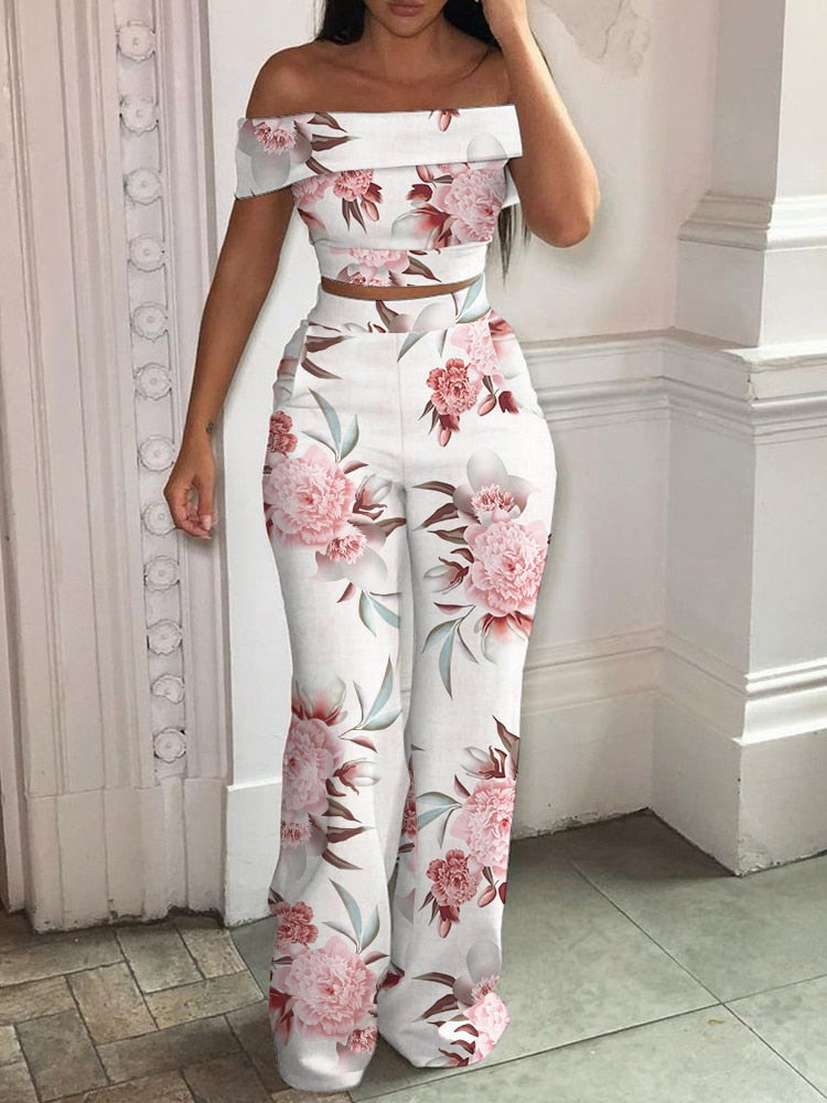 Matching Set Women Slash Neck Pullover Top High Elastic Waist Wide Leg Pants Ladies Outfit Summer Printing Slim Streetwear Suit