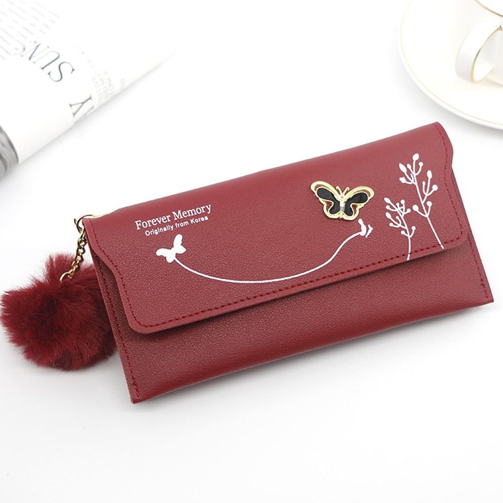 New Fashionable Women Long Wallets Pure Color Wool Ball Bow Clutch Bag Card Bag Coin Purse Standard Wallets PU Solid Polyester