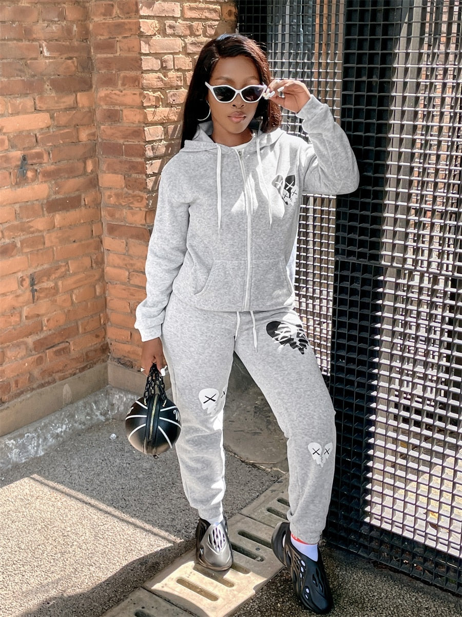 LW Plus Size Sweatshirt Suits COTTON 2PC Autumn 2022 Broken Heart Zipper Up Drawstring Tracksuit Hoodie Jackets+ Pants Suits