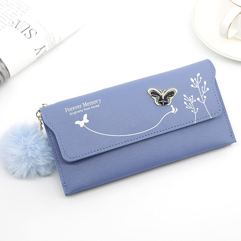 New Fashionable Women Long Wallets Pure Color Wool Ball Bow Clutch Bag Card Bag Coin Purse Standard Wallets PU Solid Polyester