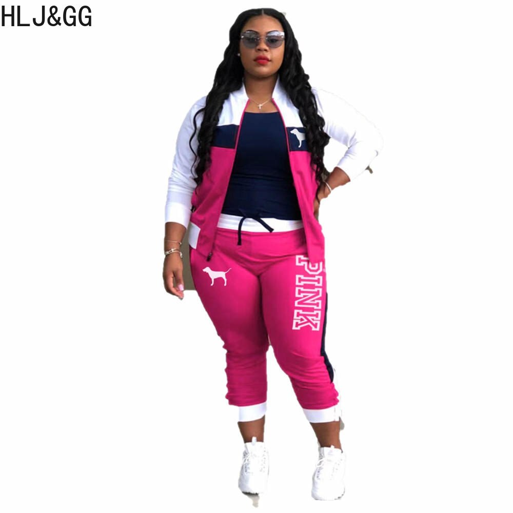 HLJ&amp;GG Casual Sporty Two Piece Sets Women Zipper Long Sleeve Top + Jogger Pants Tracksuits Spring PINK Letter Print 2pcs Outfits