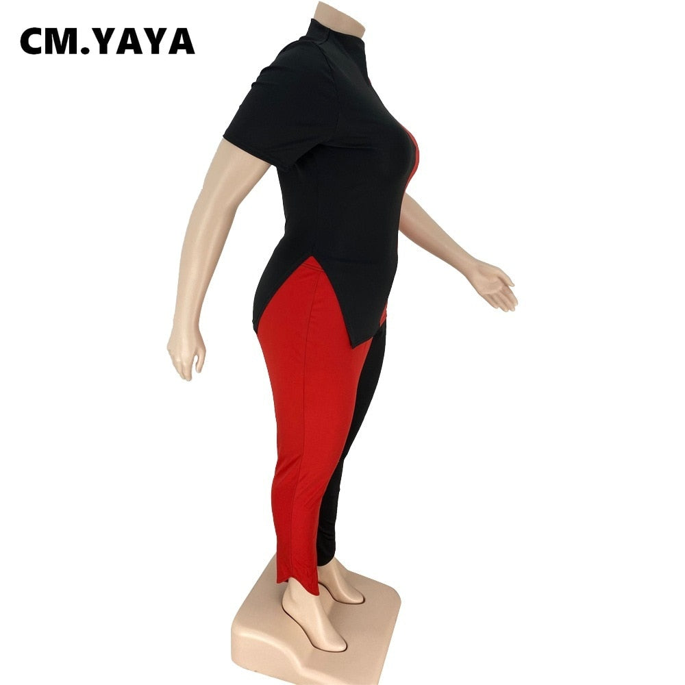 CM.YAYA Women Plus Size Tracksuit Patchwork Short Sleeve O-neck Splited Tops Stretchy Pencil Pants Two 2 Piece Set Outfit Summer