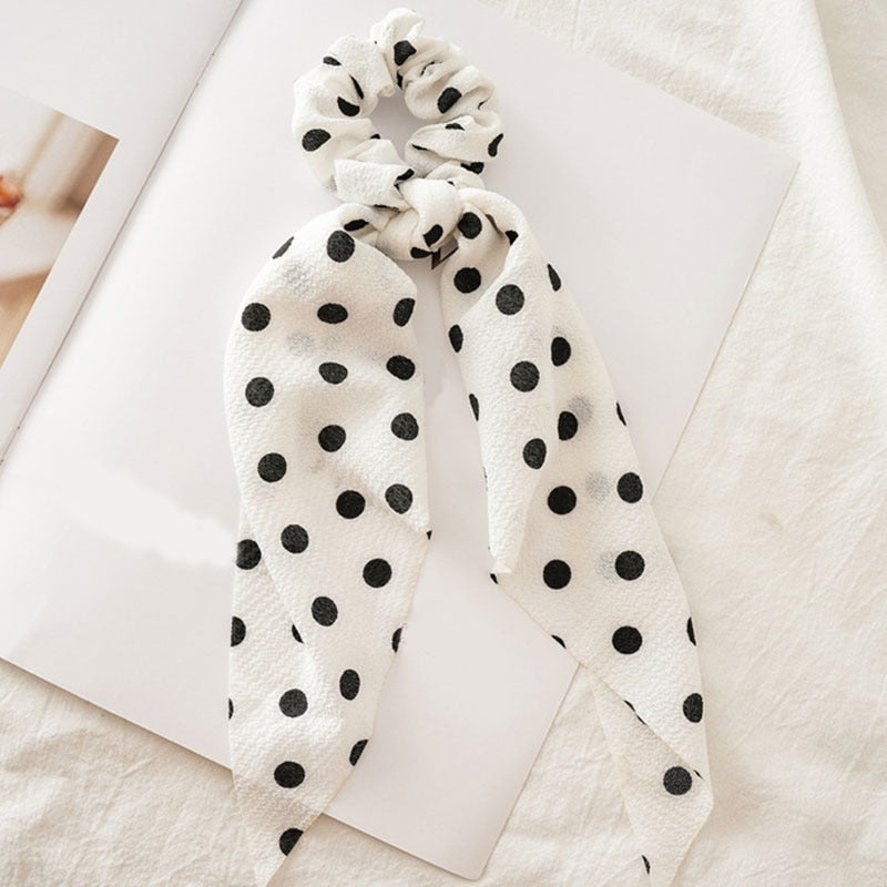 2022 Bohemian Polka Dot Floral Printed Bow Hair Scrunchies  Women Elastic Hair Band Ponytail Scarf Ribbon Hair Ties Accesories