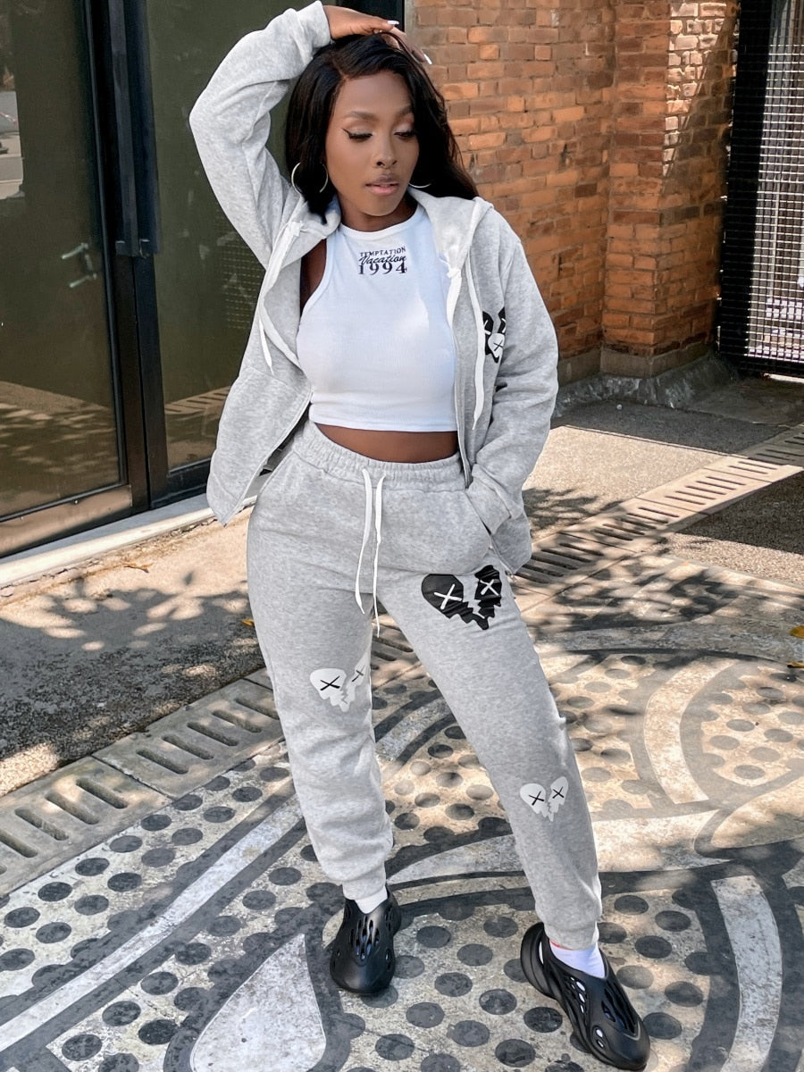 LW Plus Size Sweatshirt Suits COTTON 2PC Autumn 2022 Broken Heart Zipper Up Drawstring Tracksuit Hoodie Jackets+ Pants Suits