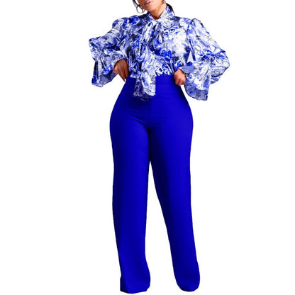 2 Pieces Women's Sets Summer Autumn Flower Print Blouse Shirt Suit Tops And Pants Suits Dashiki African Set Tracksuit Outfit