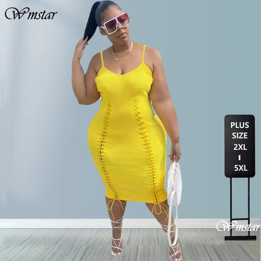 Wmstar Plus Size Dresses Wholesale Ribbing Elegant Party Sexy Club Outfit BandgaeTank Summer Dress Casual New Style Dropshipping