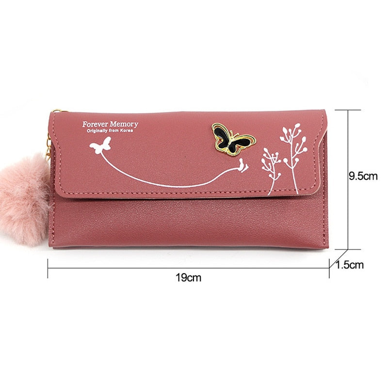 New Fashionable Women Long Wallets Pure Color Wool Ball Bow Clutch Bag Card Bag Coin Purse Standard Wallets PU Solid Polyester