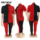 CM.YAYA Women Plus Size Tracksuit Patchwork Short Sleeve O-neck Splited Tops Stretchy Pencil Pants Two 2 Piece Set Outfit Summer