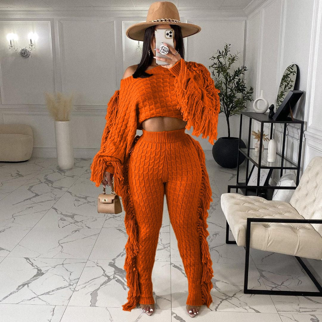 Echoine Solid Tassel Fringe Patchwork Short Sweater Top Knitted Two piece Set Pants Set Warm Thick Outfits Women Winter Clothing