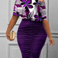 LW Purple Floral Print Boat Neck Ruched Bodycon Body-shipping Stretchy Short Sleeve Knee Length Pencil Dress