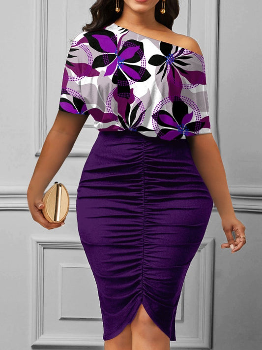 LW Purple Floral Print Boat Neck Ruched Bodycon Body-shipping Stretchy Short Sleeve Knee Length Pencil Dress