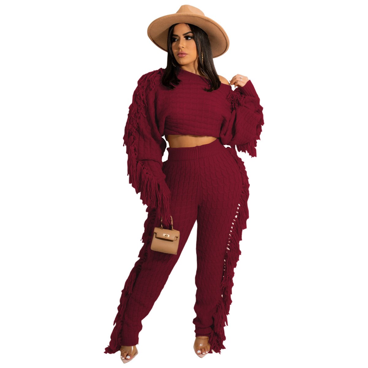 Echoine Solid Tassel Fringe Patchwork Short Sweater Top Knitted Two piece Set Pants Set Warm Thick Outfits Women Winter Clothing