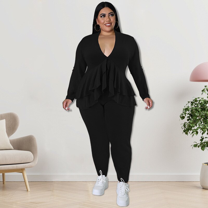 Perl Plus Size Women V Neck Ruffles Hem Top Leggings Sets Fall Two Piece Sets Female Outfit Solid Stretch Tracksuit  Xl-5xl 2022